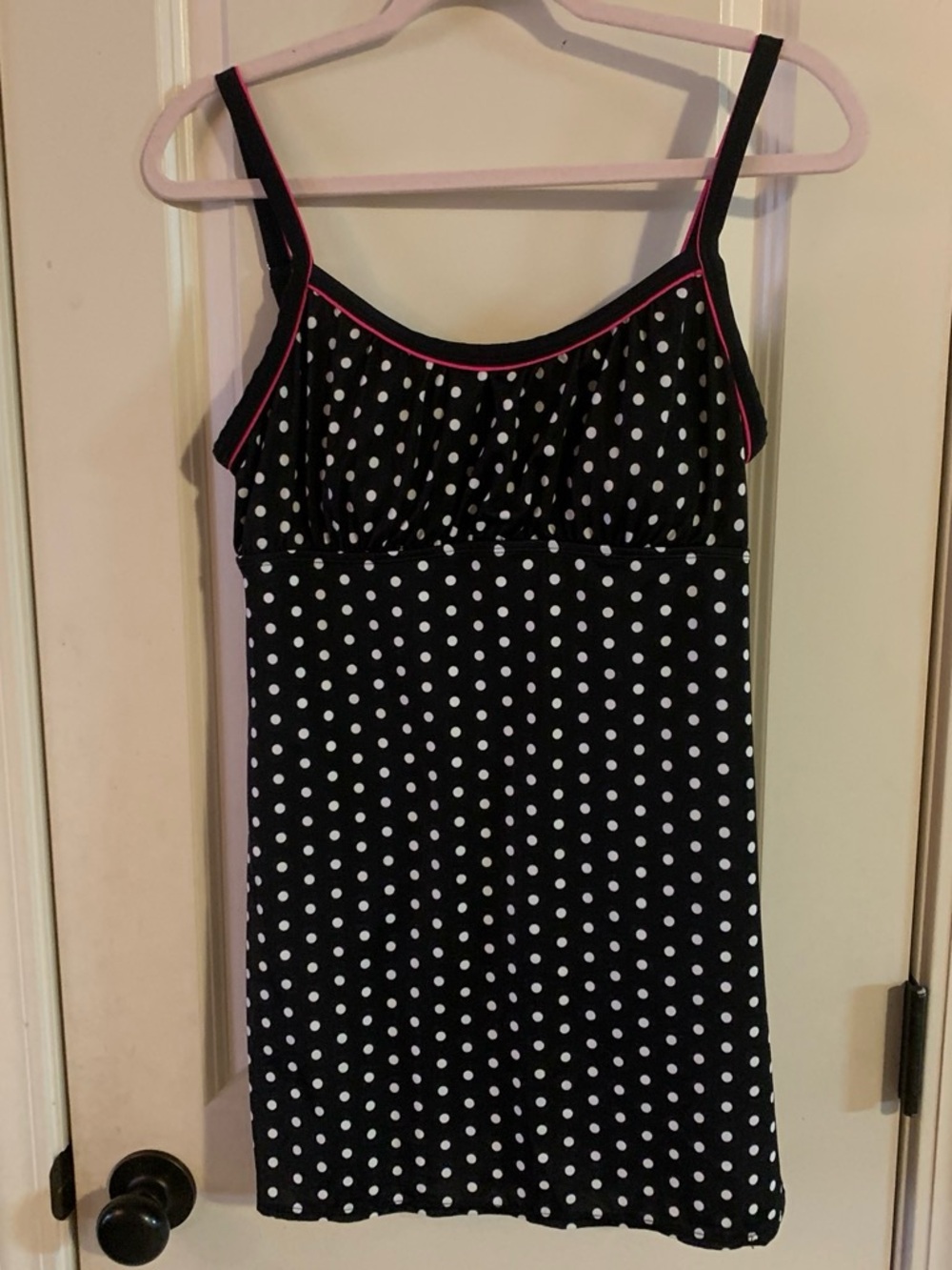 Black Polka Dot swimsuit with Pink Trim